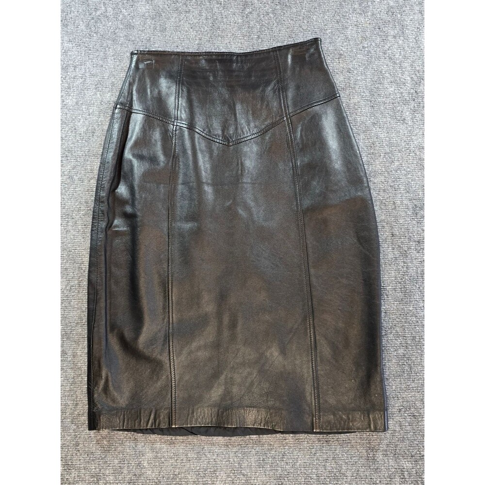 Vintage Genuine Leather Pencil Skirt Women's 8 Black High Waist Classic Career